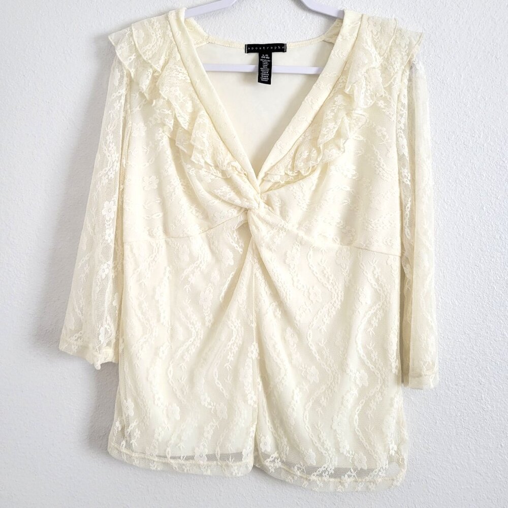 Apostrophe Womens Top Ivory Lace Sleeveless Ruched V Neck Lined Pleated Sz L